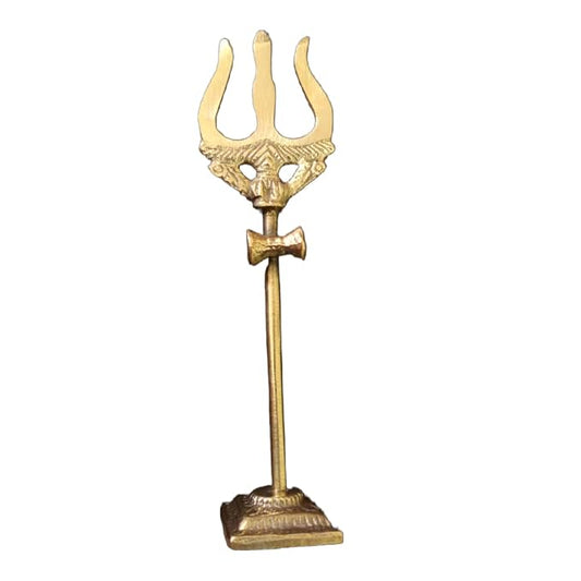 PujaSamadhaan Brass Lord Shiva Trishul with Damru on Stand for Puja Room Traditional Statue for Puja Ghar Height 6 Inch