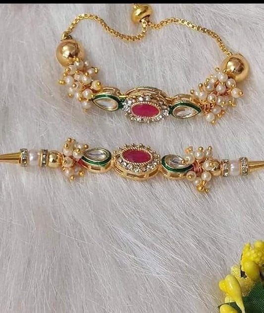 PujaSamadhaan Kundan Bhaiya Bhabhi Rakhi for rakshabhandan Combo Rakhi Handmade & Designer Rakhi, Bracelet With Gemstone Beads Rakhi for Brother & Bhabhi