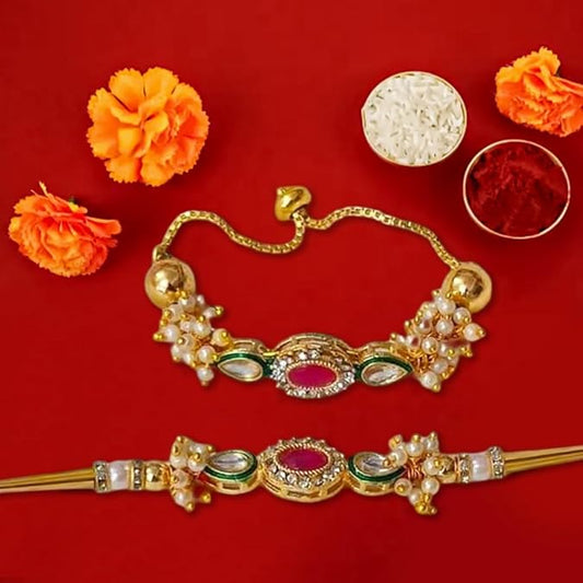 PujaSamadhaan Kundan Bhaiya Bhabhi Rakhi for rakshabhandan Combo Rakhi Handmade & Designer Rakhi, Bracelet With Gemstone Beads Rakhi for Brother & Bhabhi