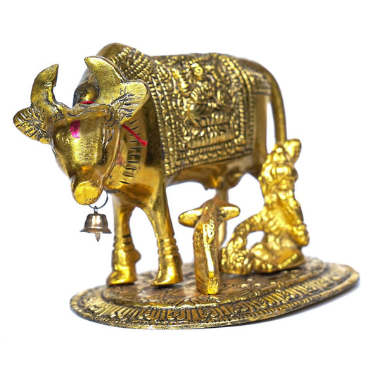 PujaSamadhaan Sacred metal Tall Cow & Calf Statue Handmade, Kamdhenu Cow Sculpture with Golden Finish Showpiece Gifts