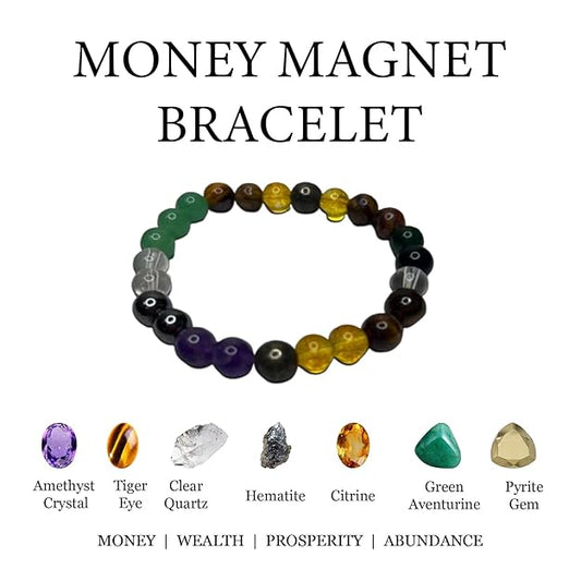 Certified Rajyog,Dhanyog Braclet,Money Magnet Bracelet Pyrite, Green Aventurine, Citrine, Hematite, Clear Quartz, Green Tiger Eye, Amethyst Crystal HealingNatural Gemstone Bracelet, Reiki Healing Jewelry for Men and Women, Certified Bead Size: 8 mm