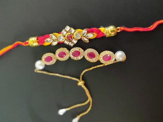 PujaSamadhaan Kundan Bhaiya Bhabhi Rakhi for Rakshabhandan Combo Rakhi Set, Handmade Designer Rakhi, Rakhi for Brother & Bhabhi With Kumkuk-Akshat