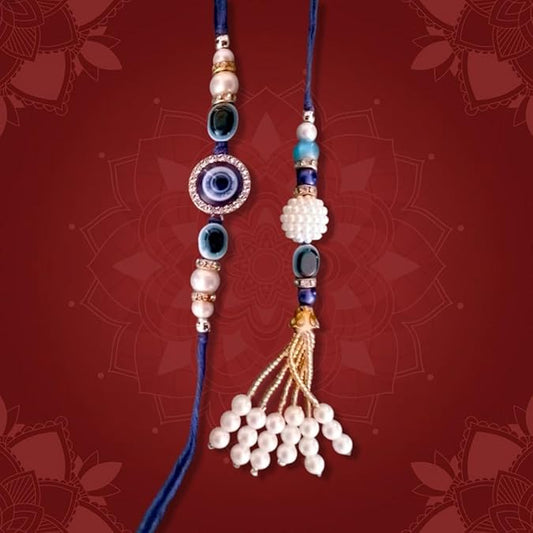 PujaSamadhaan Kundan Bhaiya Bhabhi Rakhi for rakshabhandan Combo Rakhi Handmade & Designer Rakhi, Beads Evil Eye Rakhi for Brother & Bhabhi
