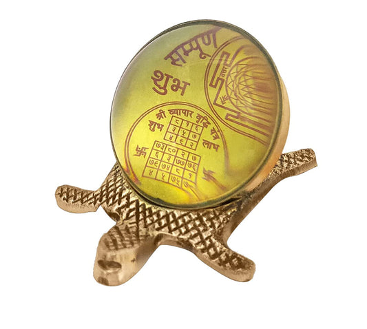 PujaSamadhaan Brass Metal Vaastu Turtle | Kachua with Glass Shree Sampoorna Yantra | Fengshui Tortoise Shri Kuber Yantra