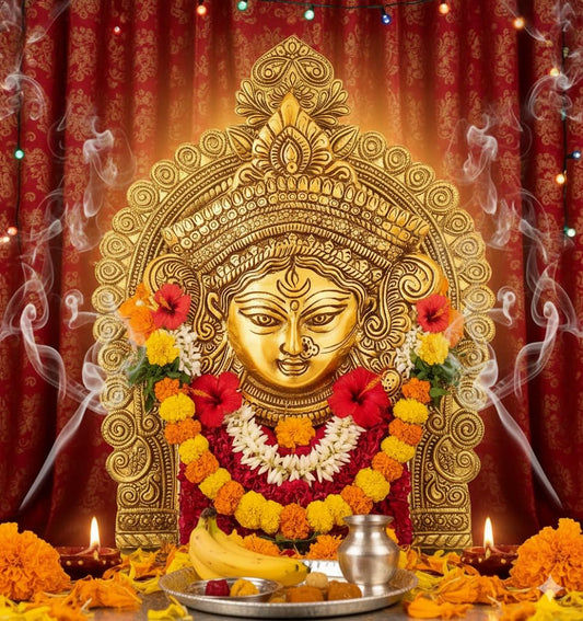 PujaSamadhaan Metal Durga Maa,Tara Devi Idol,Durga Face Wall Hanging for Navratri, Diwali Decoration and Gifts (13.5 x 15cm, Gold) (Medium) - Weight: 250 g