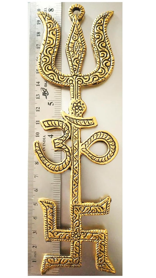 Pujasamadhaan Metal Swastik Om Trishul Yantra 8 Inches - Golden Vastu Wall Hanging for Home & Office-Set-1