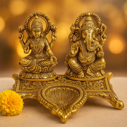 PujaSamadhaan Metal Laxmi Ganesh Idol Pair with Diya for Diwal Puja,Diwali Decore and Best for Gifting Option Standard Showpiece - 13x7x10cm,Weight: 250 gm