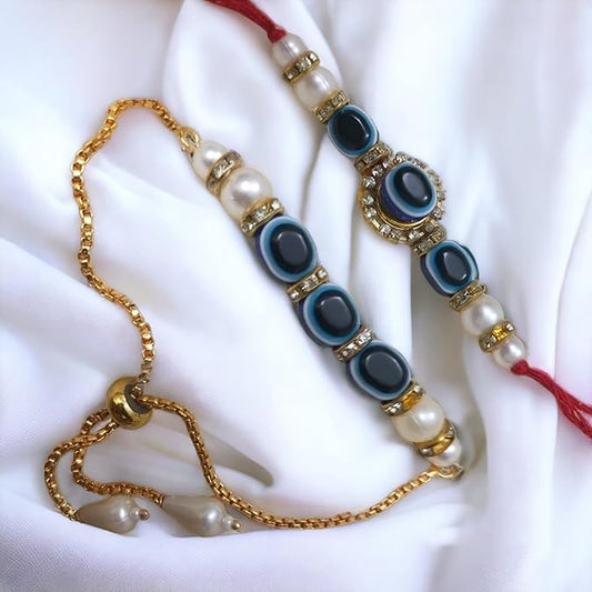 PujaSamadhaan Evil Eye Rakhi Combo: Brass Chain Rakhi & Mauli Rakhi. Ideal Rakhi Gift for Siblings - Brother, Sister, Bhai/Bhaiya. Divine Protection for Raksha Bandhan.