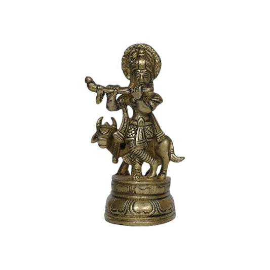 PujaSamadhaan Handmade Brass Krishna Cow Flute Idol - Divine Hindu God Statue for Spiritual Home Décor and Worship (400 gm)