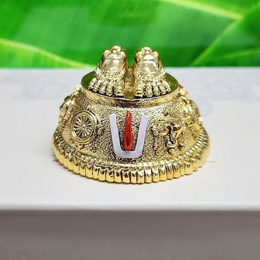 Lord Balaji Charan for Puja Room & Car Dashboard | Antique Gold Finish Venkateswara Feet with Shank & Chakra