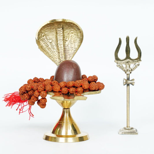 PujaSamadhaan Narmadeshwar Shivlingam Set with Rudraksh Mala, Trishool & Stand – Ideal for Puja, Shivratri, and Sawan