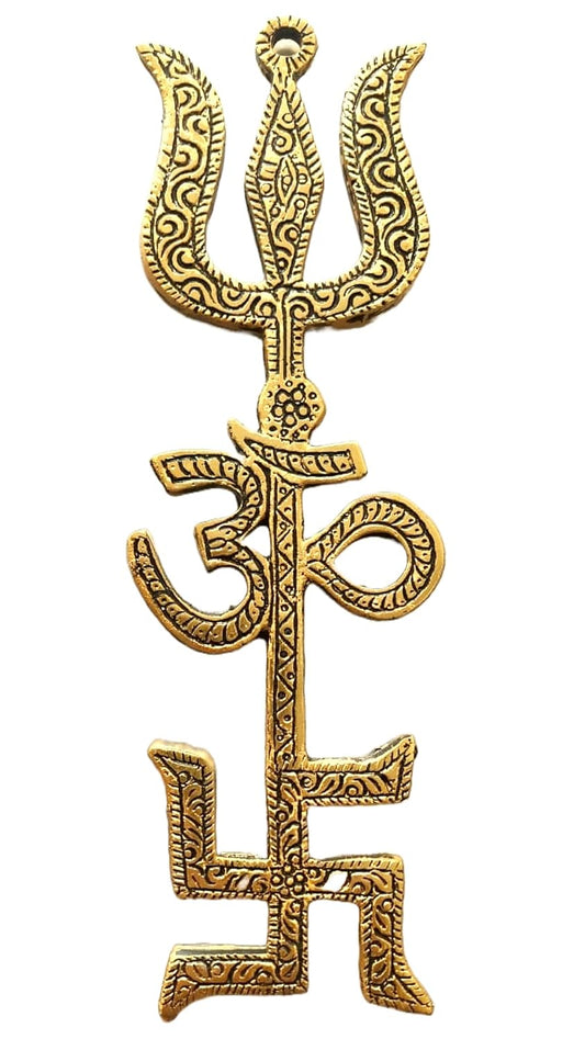 Swastik Om Trishul Yantra 8 Inches - Golden Vastu Wall Hanging for Home & Office