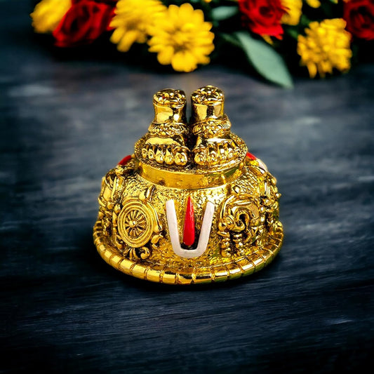 PujaSamadhaan Lord Balaji Charan for Puja Room & Car Dashboard | Antique Gold Finish Venkateswara Feet with Shanku & Chakra Namam | Divine Blessings from Tirupati | 2 Inch Polyresin Sculpture