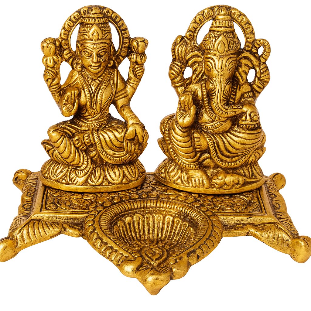 PujaSamadhaan Metal Laxmi Ganesh Idol Pair with Diya for Diwal Puja,Diwali Decore and Best for Gifting Option Standard Showpiece - 13x7x10cm,Weight: 250 gm