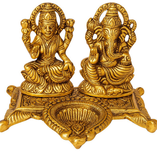 PujaSamadhaan Metal Laxmi Ganesh Idol Pair with Diya for Diwal Puja,Diwali Decore and Best for Gifting Option Standard Showpiece - 13x7x10cm,Weight: 250 gm