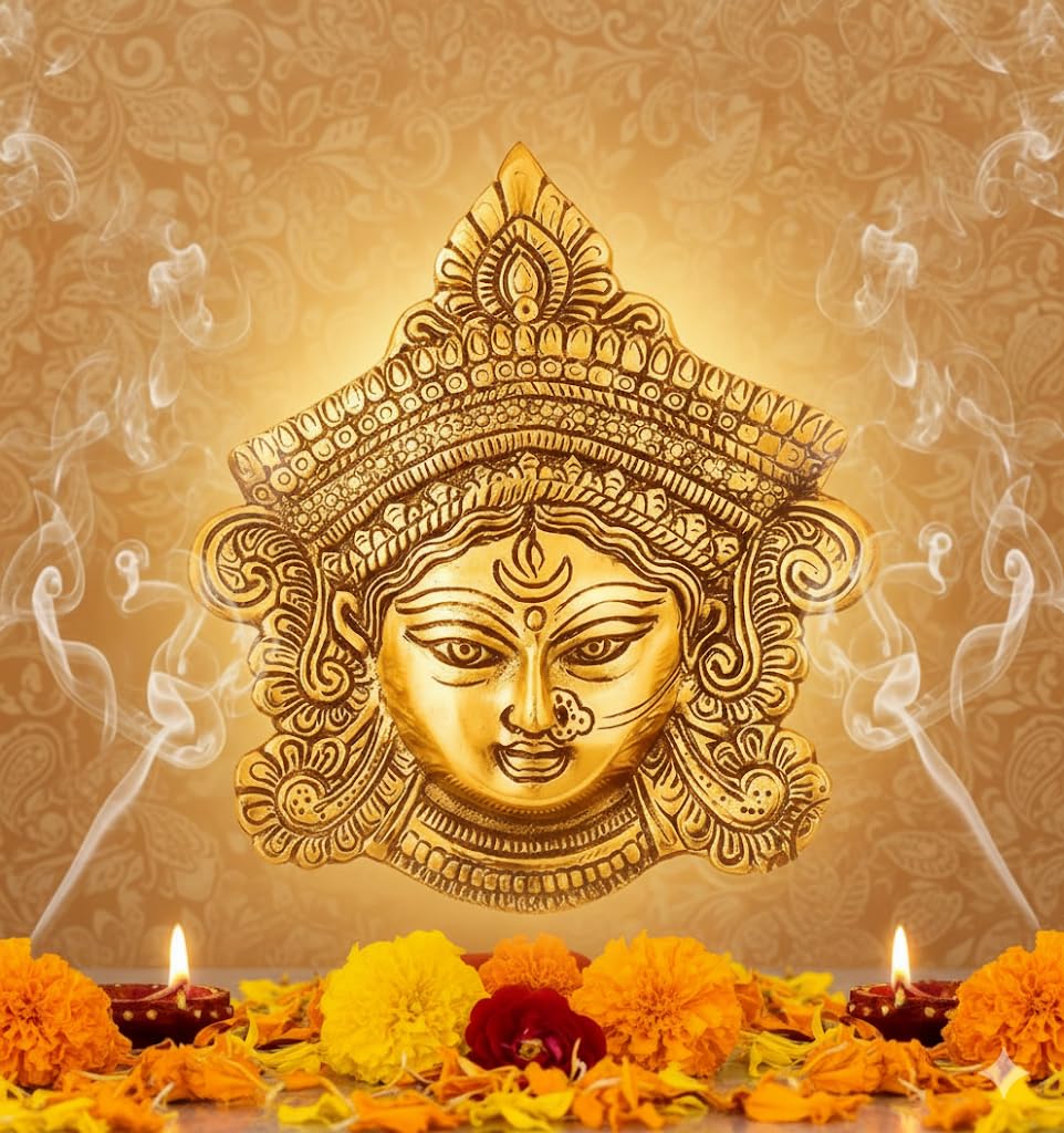 PujaSamadhaan Metal Durga Maa,Tara Devi Idol,Durga Face Wall Hanging for Navratri, Diwali Decoration and Gifts (13.5 x 15cm, Gold) (Medium) - Weight: 250 g