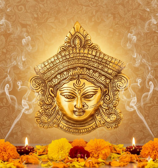 PujaSamadhaan Metal Durga Maa,Tara Devi Idol,Durga Face Wall Hanging for Navratri, Diwali Decoration and Gifts (13.5 x 15cm, Gold) (Medium) - Weight: 250 g