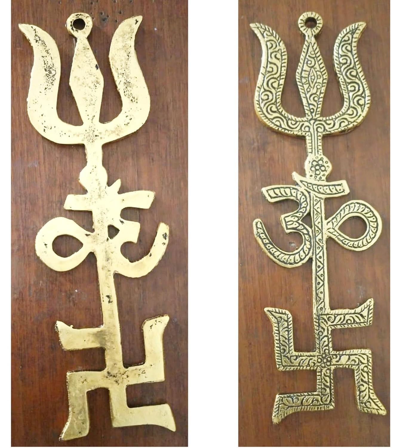 Swastik Om Trishul Yantra 8 Inches - Golden Vastu Wall Hanging for Home & Office