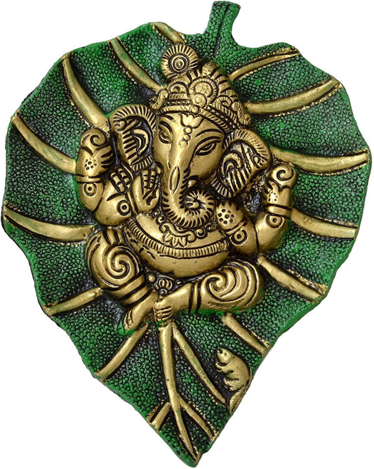 Lord Ganesha on Leaf Wall Hanging | Antique Brass Ganesh Ji for Home Decor