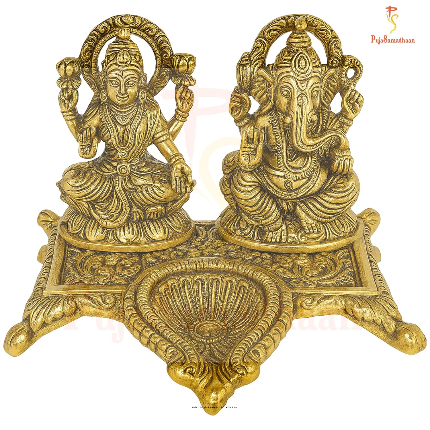 PujaSamadhaan Metal Laxmi Ganesh Idol Pair with Diya for Diwal Puja,Diwali Decore and Best for Gifting Option Standard Showpiece - 13x7x10cm,Weight: 250 gm