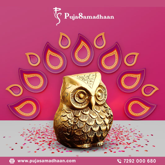 PujaSamadhaan | Brass Owl Sculpture for Home Temple - Auspicious Owl Home Decor Showpiece for Goddess Laxmi, Wealth, and Vastu - Brass Owl Bird Design (1 Piece)