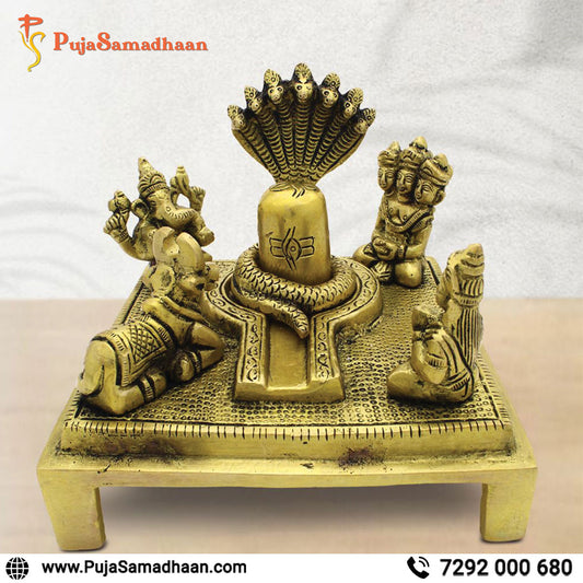 PujaSamadhaan Handcrafted Brass Lord Shiv Parivar with Shivling Shri Kartik Ganesh Parvati and Nandi Murti Statue Sculpture Home Office Temple Mandir Decoration Gift Weight-650gm Big Size